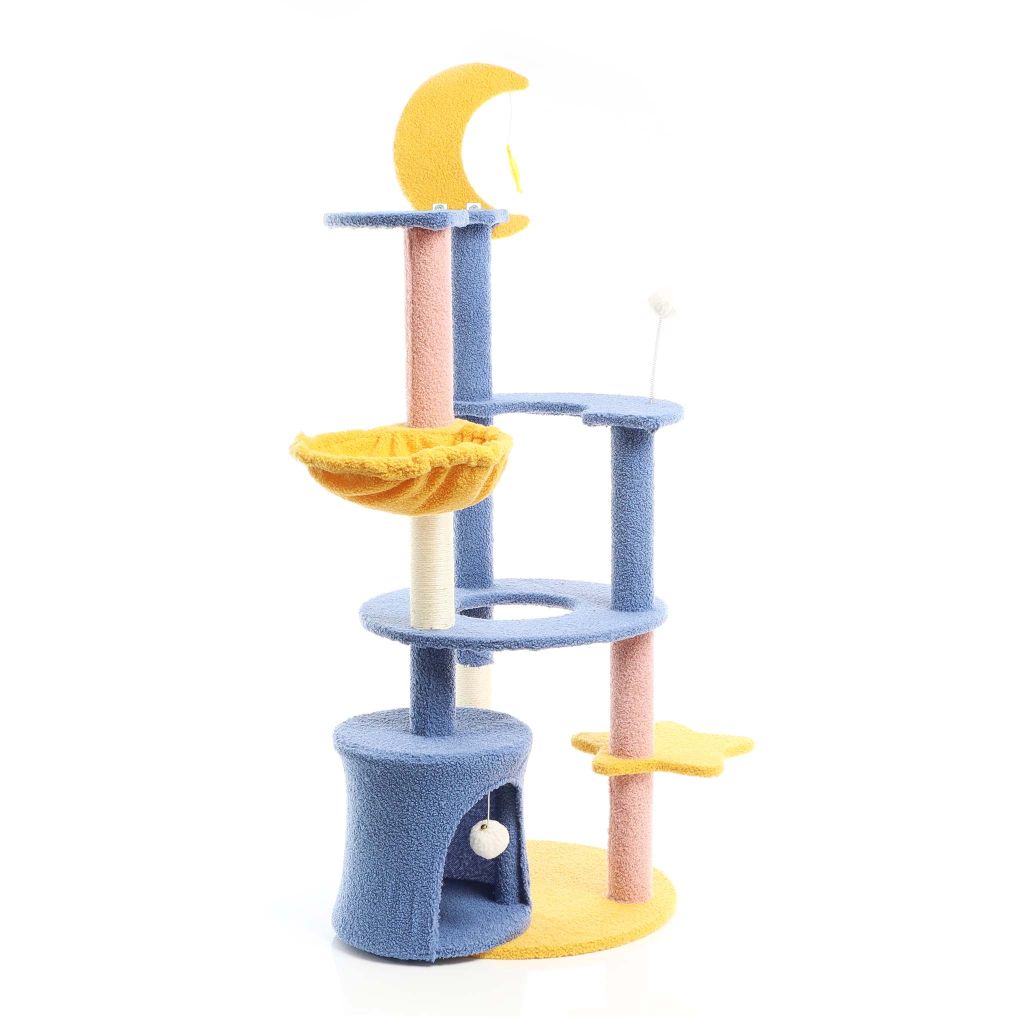 Fudajo Albero tiragraffi con luna e stelle 132cm blu e giallo Con casetta per gatti e sisal