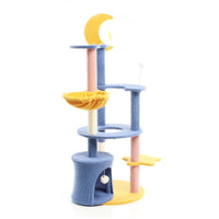 Fudajo Albero tiragraffi con luna e stelle 132cm blu e giallo Con casetta per gatti e sisal