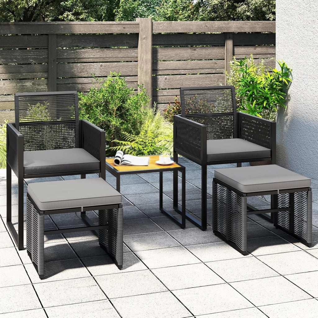 5 Pezzi Set da Esterno in Rattan PE, Set Mobili da Giardino con Cuscini, Sedie Poggiapiedi e Tavolino da Caffè, Poltrone Lounge Salvaspazio per Balcone, Piscina e Cortile