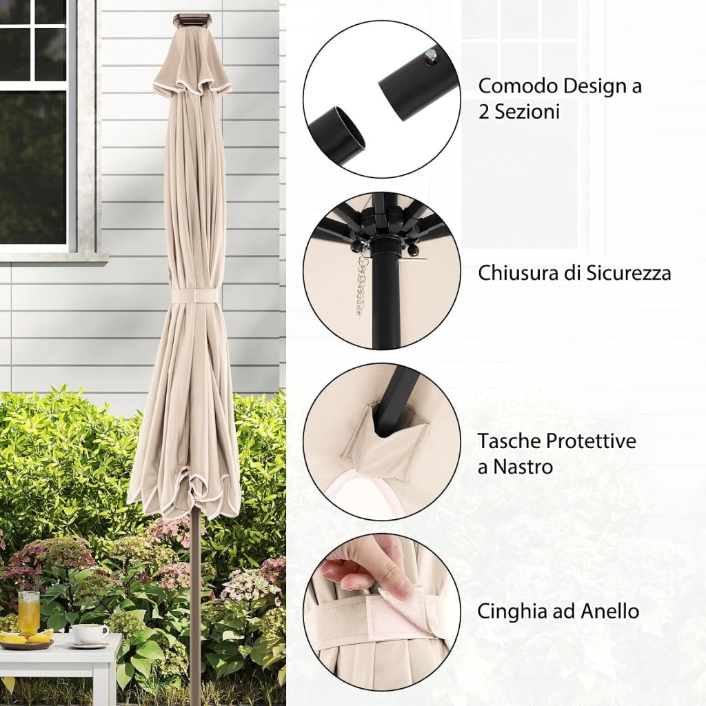 Ombrellone da Giardino 300 cm, con 24 Luci LED Solari, Inclinazione Regolabile, Manovella, 8 Stecche, Anti-UV, Top Ventilato, Idrorepellente, Giardino Piscina Patio (Beige)