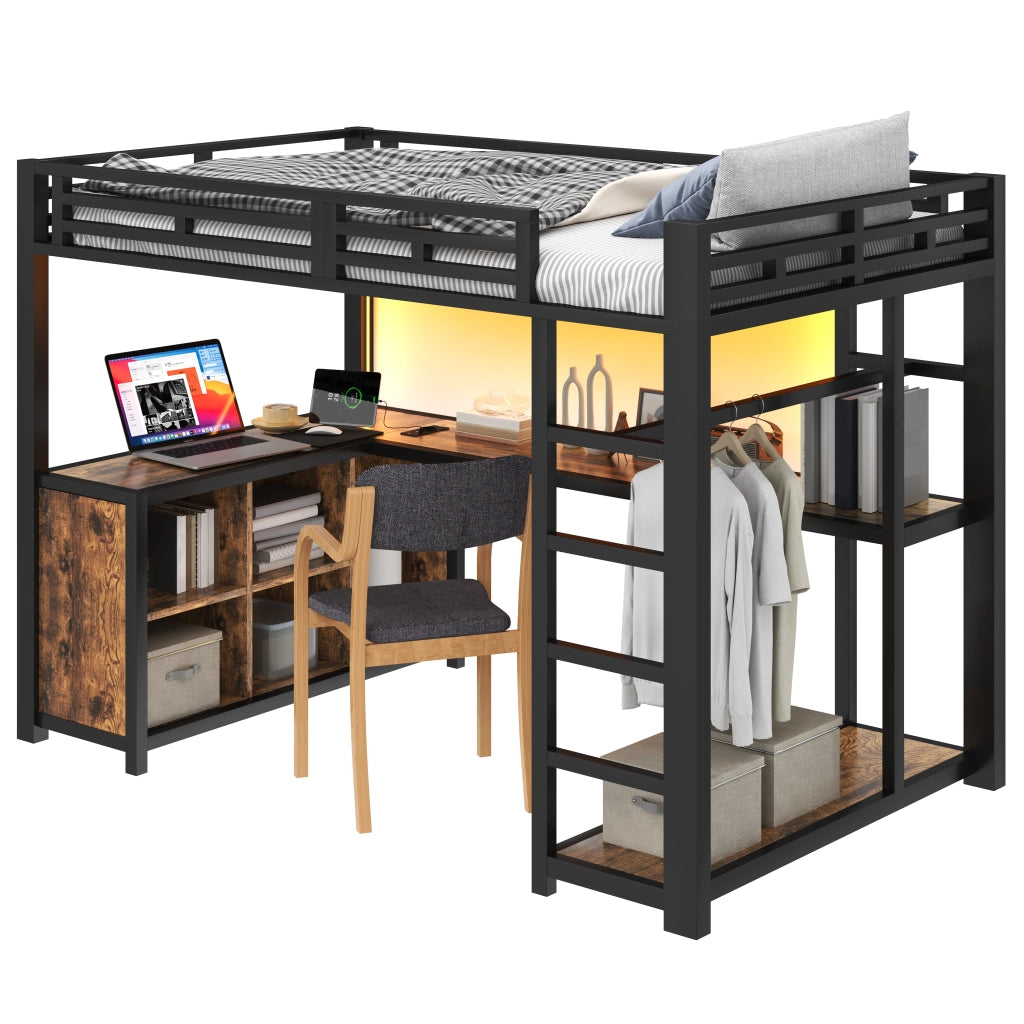 LETTO a Soppalco 140x200 cm con Scrivania, LED e Armadio Aperto Nero