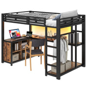 LETTO a Soppalco 140x200 cm con Scrivania, LED e Armadio Aperto Nero
