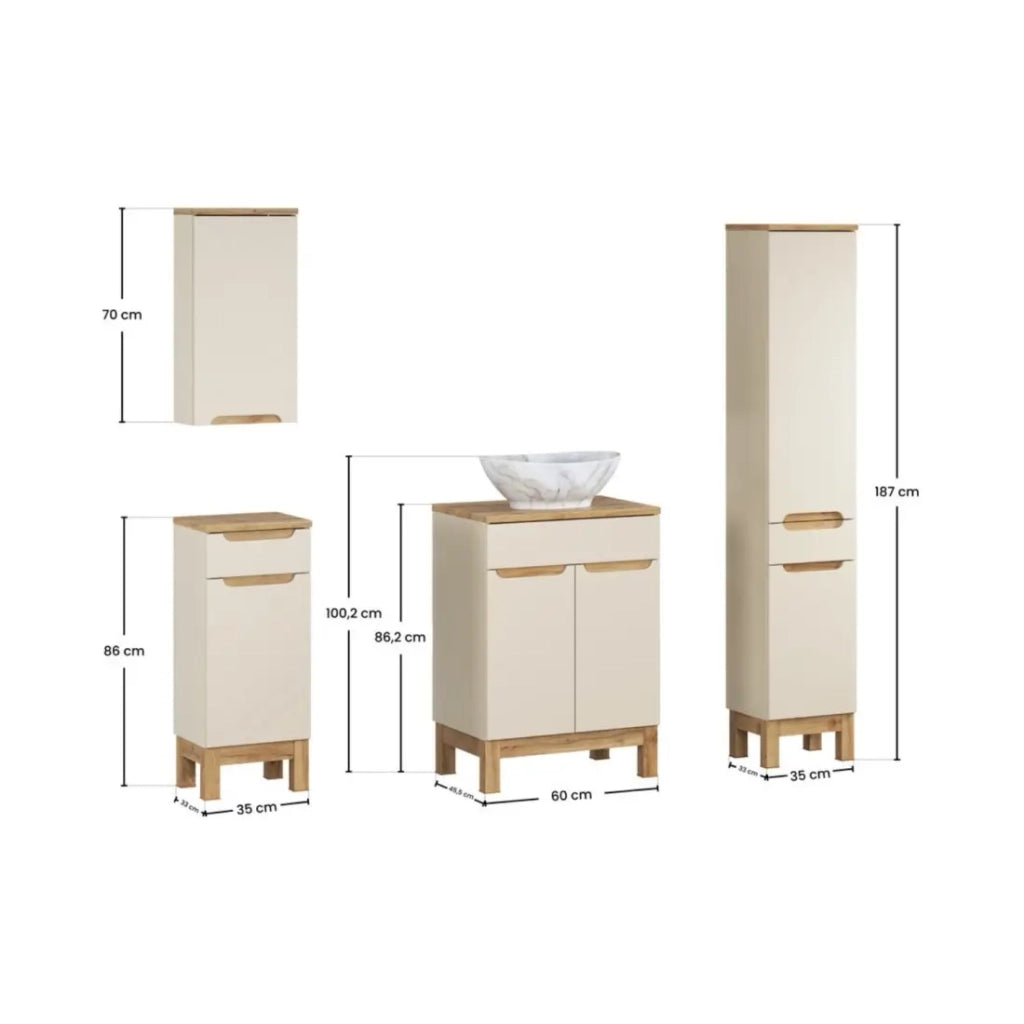 Insieme ERMANO cachemire 130cm: mobile sotto lavabo + lavabo da appoggio + mobili sospesi e da appoggio