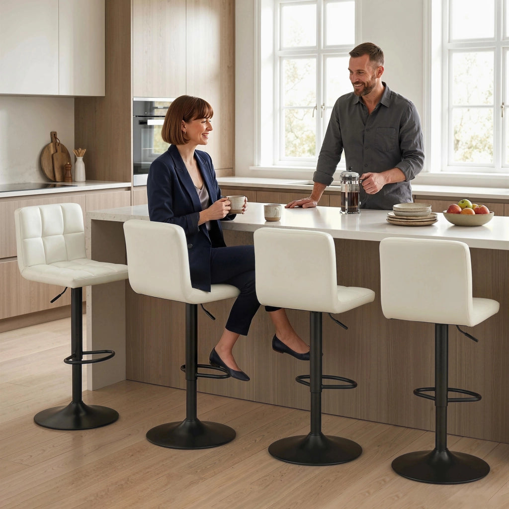 Set 2 Sgabelli da Bar 39,5x44x88-110 cm Regolabili con Poggiapiedi in Pelle PU e Acciaio Crema