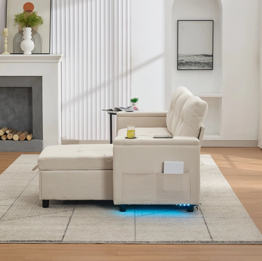 Sofa letto pieghevole 208 x 146 x 89;5 cm con contenitore nascosto; beige