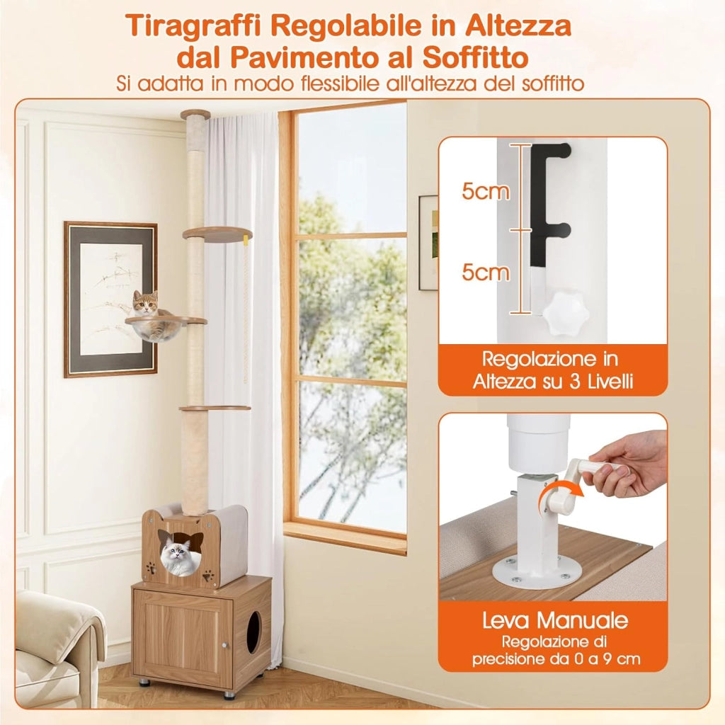 Albero per Gatti Alto 256-275 cm, Tiragraffi per Gatti con Lettiera, Capsula Spaziale, Condominio, Pali Graffiatori in Sisal e Piattaforme per Salto, Mobile per Gattini da Interno