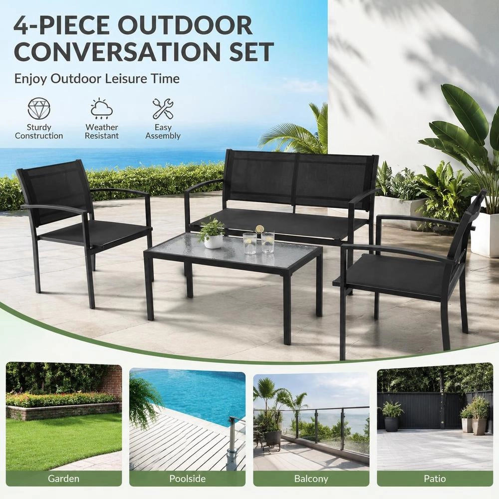 4-piece Garden Lounge Set, Textilene, Black