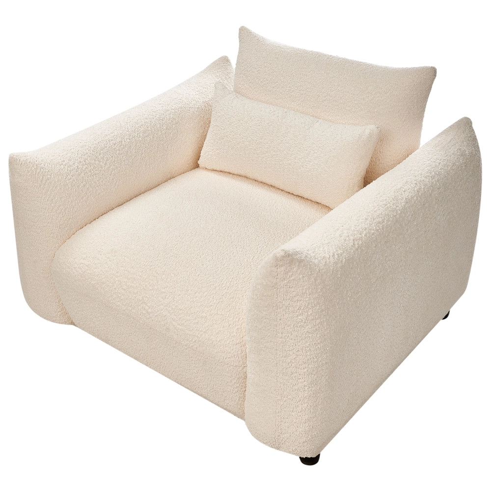 Poltrona Tessuto Boucle Bianco Morbido Nubby Gambe Nere Schienale Curvo Stile Retro Glam Art Decor
