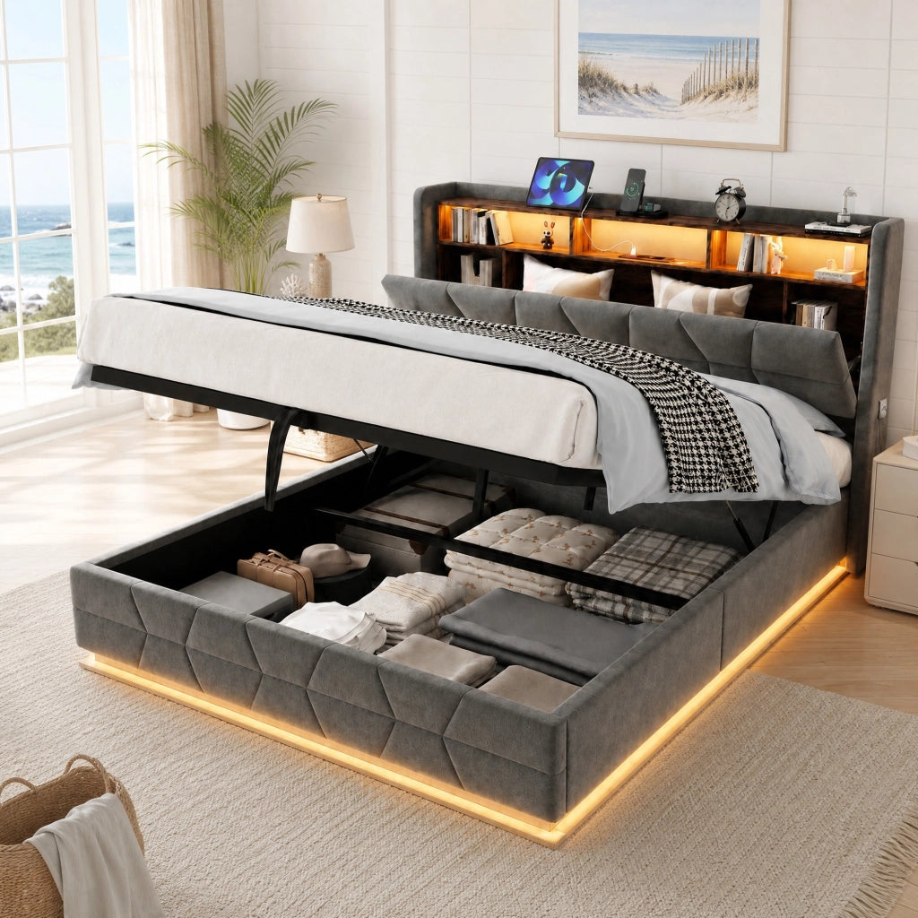 Letto matrimoniale 140x190 cm in velluto grigio scuro con LED; ripiani e presa USB/Type-C
