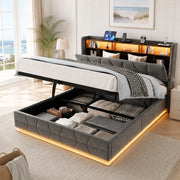 Letto matrimoniale 140x190 cm in velluto grigio scuro con LED; ripiani e presa USB/Type-C