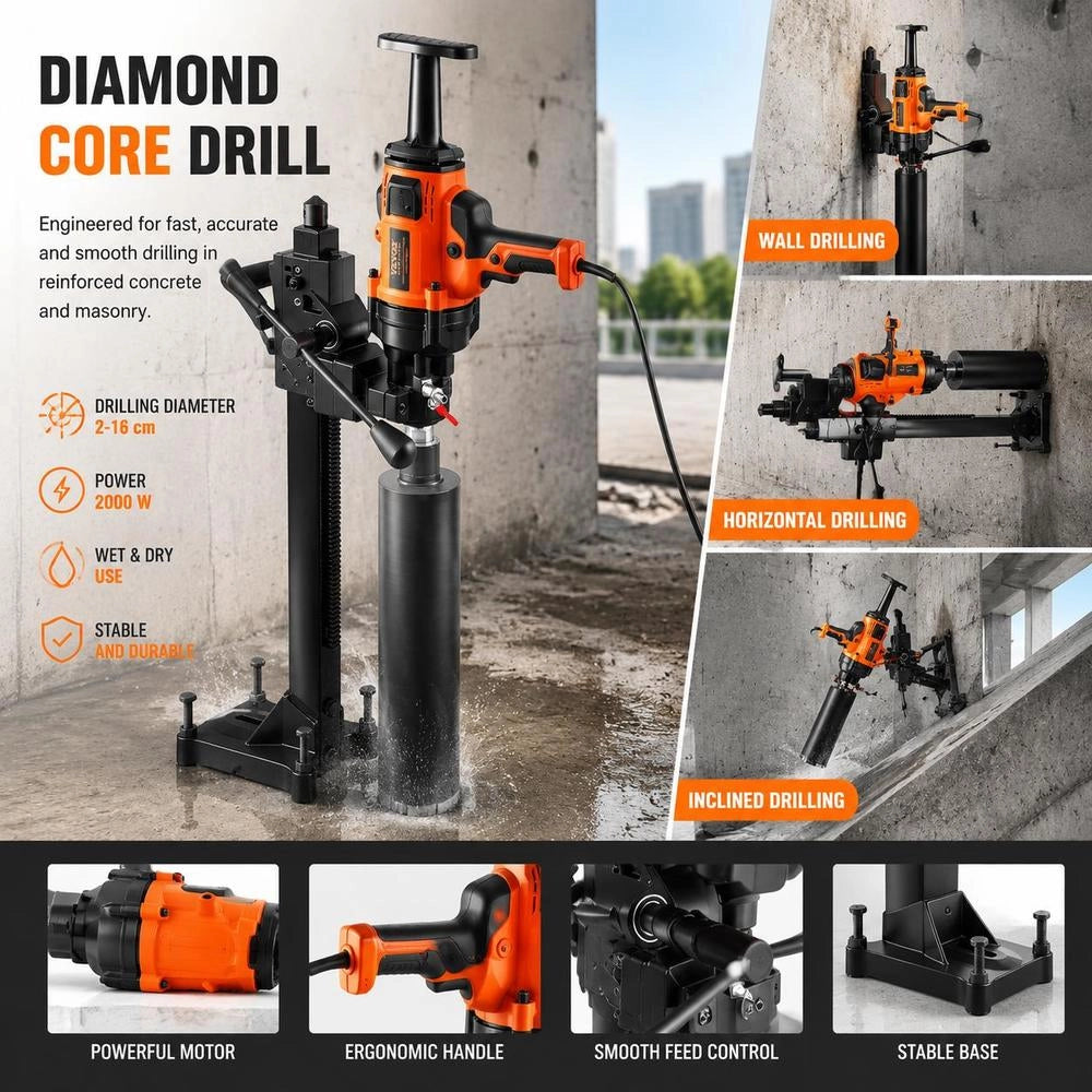 Diamond Core Drilling Machine, 2-16 Cm Drilling Diameter, Hand-held Diamond Core Drill With Stand And Core Drill Bit, 2000 W Concrete Core Drill, Wet And Dry Application, For Concrete