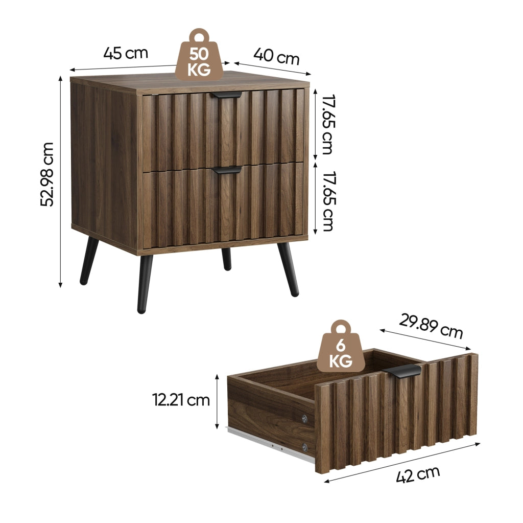 Comodino moderno in MDF con 2 cassetti e gambe in metallo; noce; 45 x 40 x 53 cm