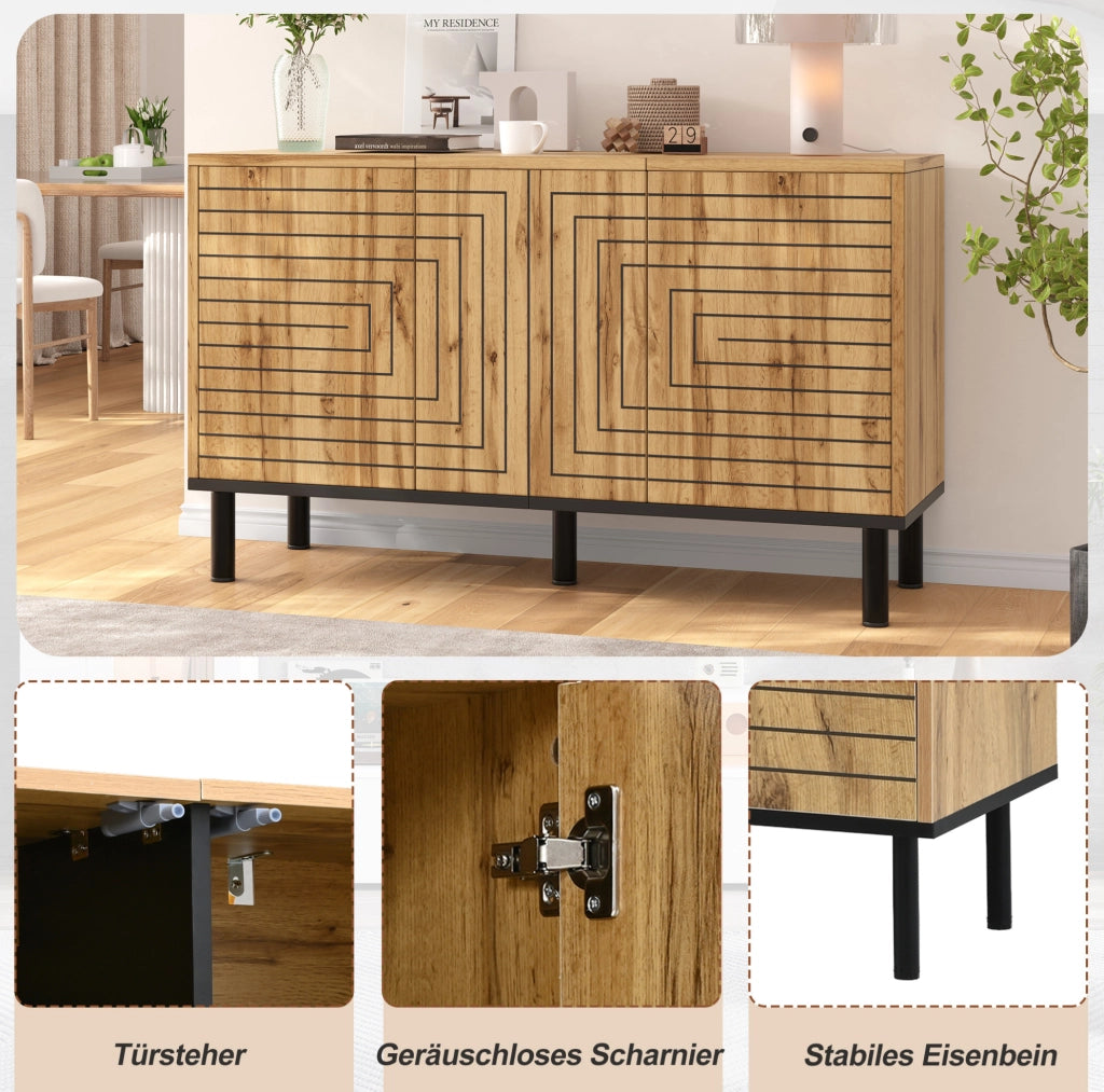 Credenza con 3 ante push-open e motivo ondulato, 120x35x68 cm, effetto legno