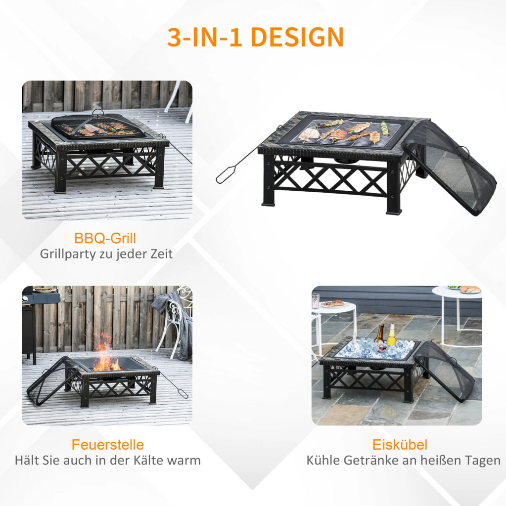 Braciere da esterno ULEVR 76x76x47 cm con griglia per barbecue e parascintille, acciaio nero