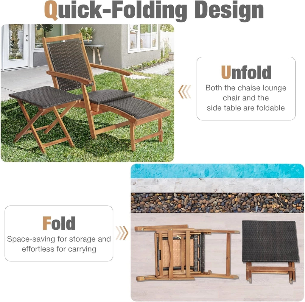 Set di 2 Mobili da Giardino Pieghevoli, Mobili da Giardino in Rattan, Sedia a Sdraio Retrattile con Tavolino Prendisole, Mobili Lounge per Giardino, Terrazza e Balcone