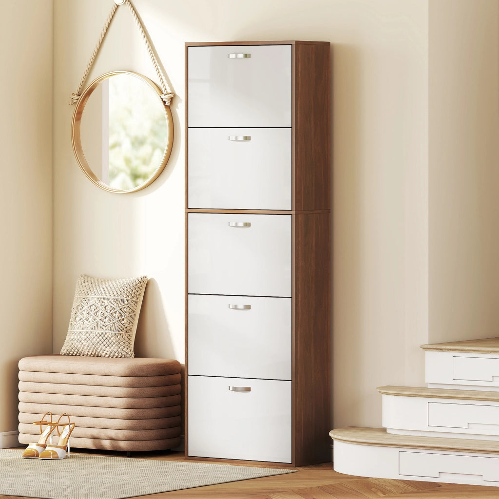 Scarpiera 5 Livelli con Ripiani ¨C zephmum ¨C MDF Bianco e Marrone 60x28x189 cm