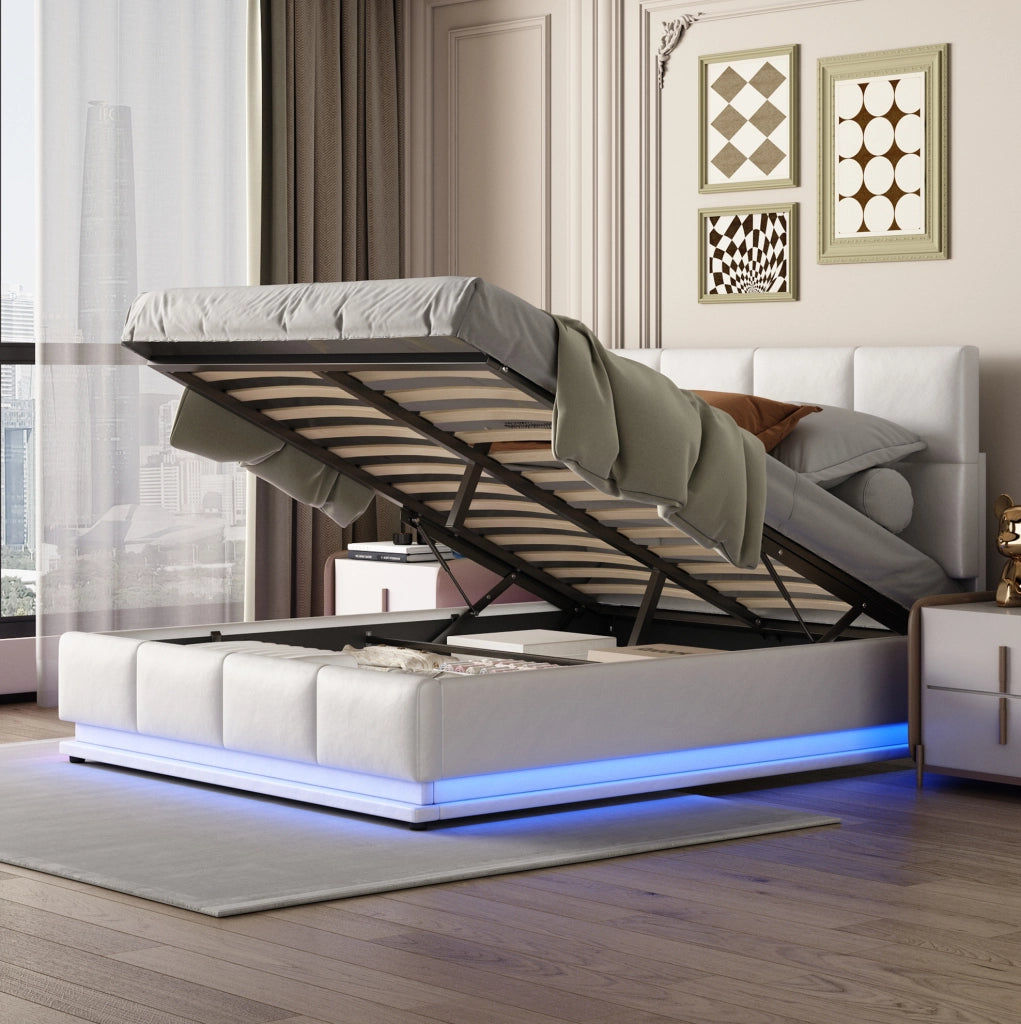 Letto imbottito 140x200 cm con LED e contenitore idraulico in MDF; metallo e pelle