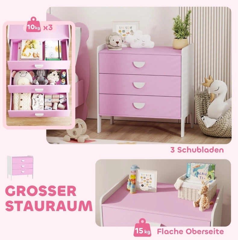 Cassettiera per bambini ULEVR 60x40x60 cm con 3 cassetti, rosa e bianco