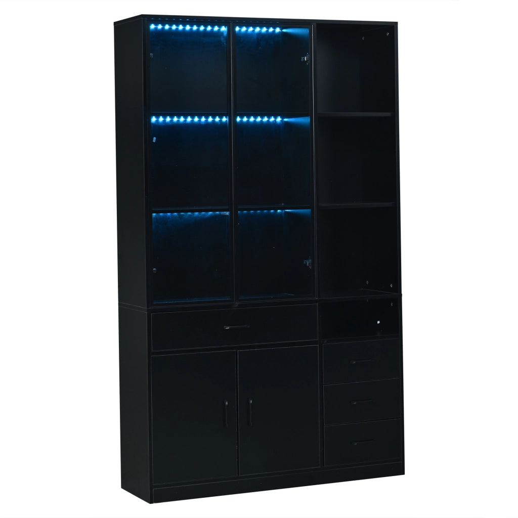 Hochschrank con vetrina in vetro, 120 x 35 x 200 cm, con 4 cassetti, 13 vani, LED, colore nero