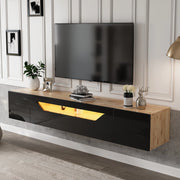 Mobile TV sospeso 180 cm con LED, 3 vani e frontale lucido nero/legno
