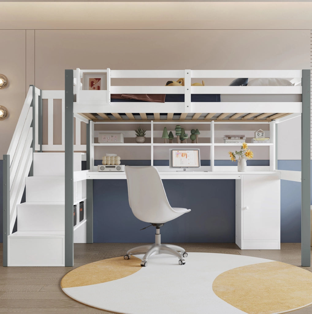 Letto semi-alto 90x200 cm con scrivania; scala contenitore e ripiani; bianco e grigio