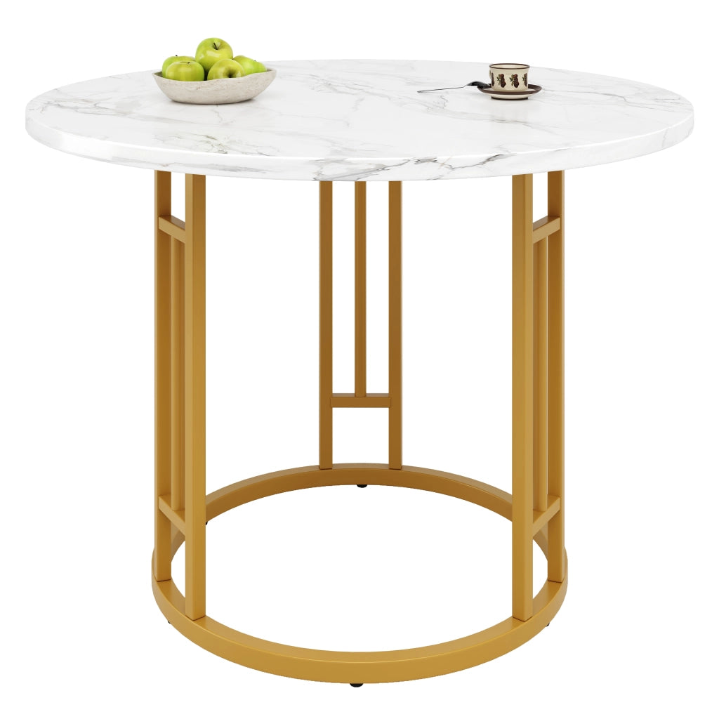 Tavolo da Pranzo Rotondo ¨C Xylo ¨C Piano MDF Effetto Marmo, Gambe in Metallo Oro, 80x80x76cm