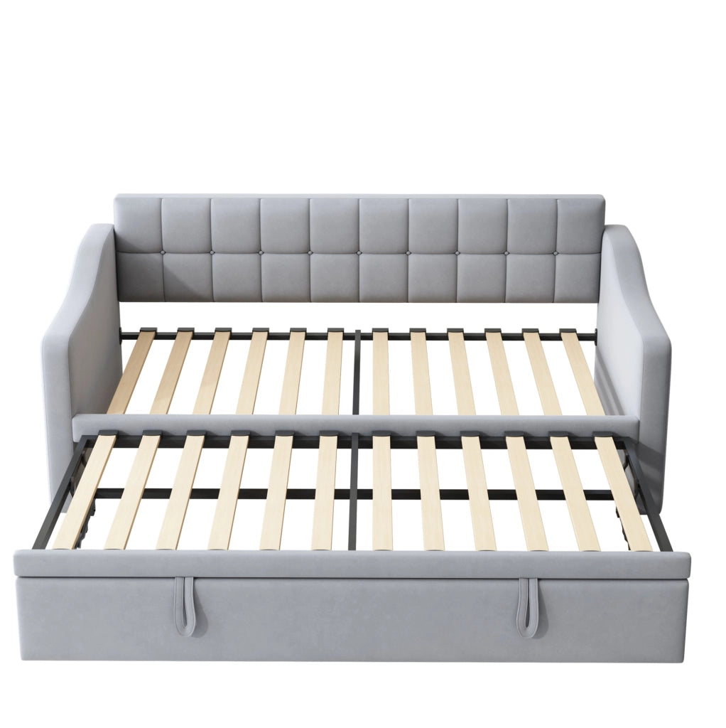 Letto imbottito estraibile 90x190 cm in velluto grigio chiaro con porte USB