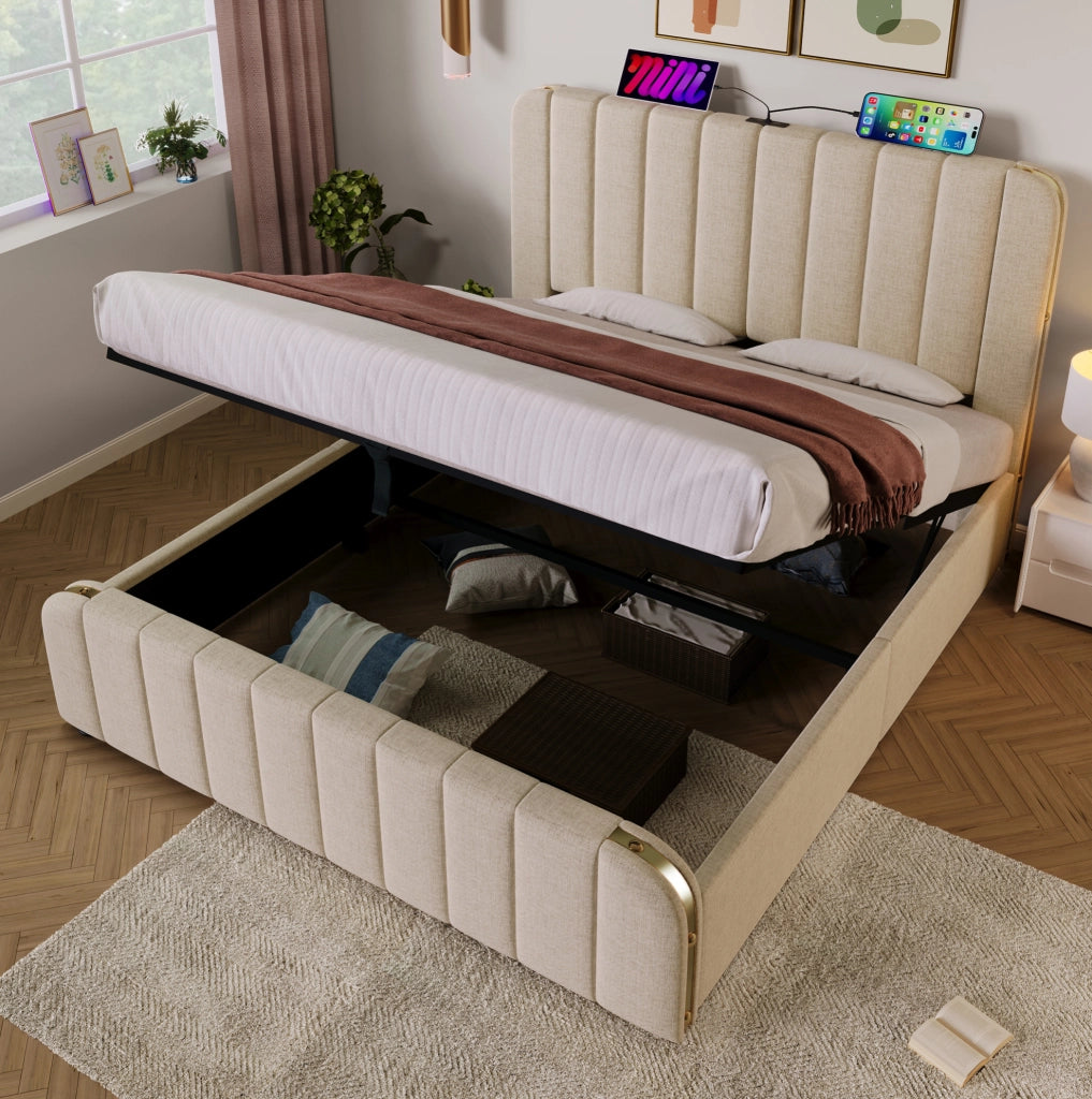 Letto matrimoniale imbottito 160x200 cm in lino beige con contenitore; USB e Type-C