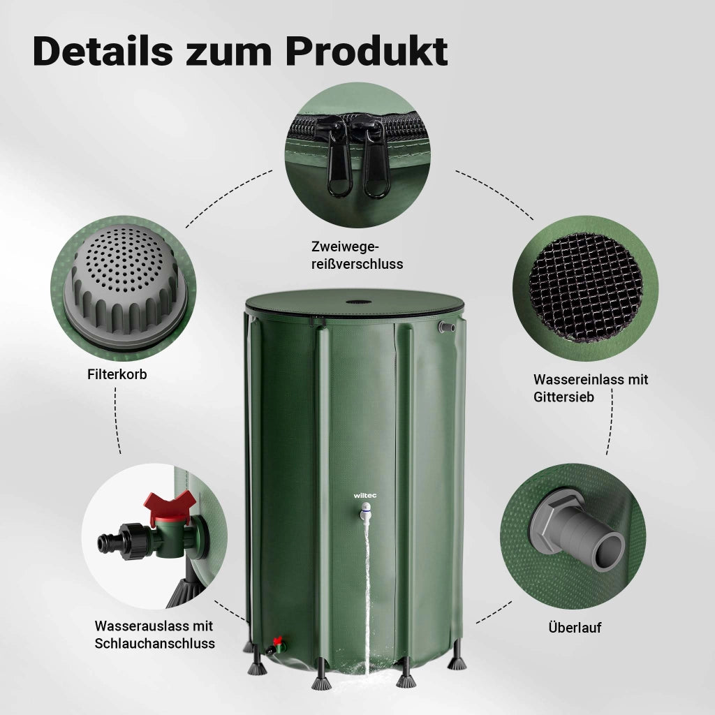 Serbatoio acqua piovana pieghevole da 500 l, con coperchio e rubinetto, contenitore raccolta acqua piovana in PVC da 620 g/m² con attacco per tubo