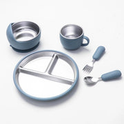 Set di tavola per bambini -Tavola per bambini in acciaio inossidabile -BPA libero -Antiscivolo -Resistente agli urti -Rimuovibile -Adatto per bambini di 1-3 anni -Incluso tavola, piatto, bicchiere, forchetta, cucchiaio -Blu