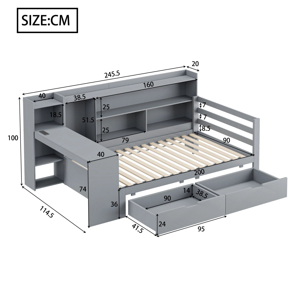 Letto da giorno ULEVR 90x200 cm con scrivania, libreria, 2 cassetti e prese USB, grigio