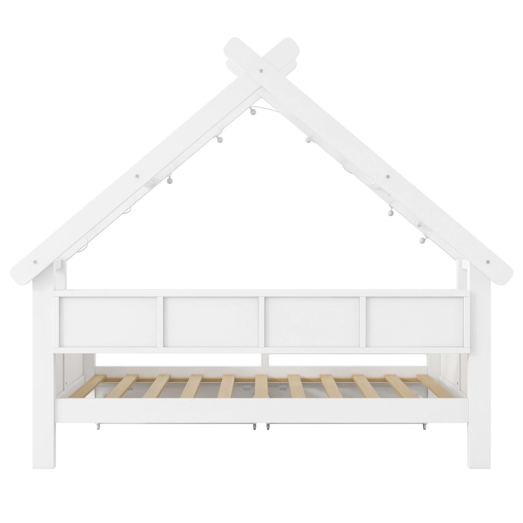 Letto a casetta 90x200 in legno con luci LED, cassetti e mensole integrate, bianco