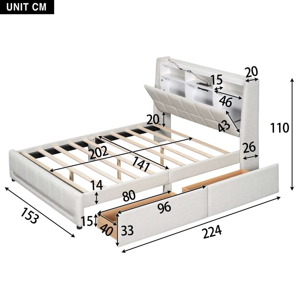 Letto con Cassetti Letto Matrimoniale; USB; LED Regolabile e Vano Contenitore 140×200 cm; senza Materasso