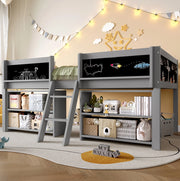 Letto semi-alto 90x200 cm con scaffali, lavagna, scala e sponde grigio