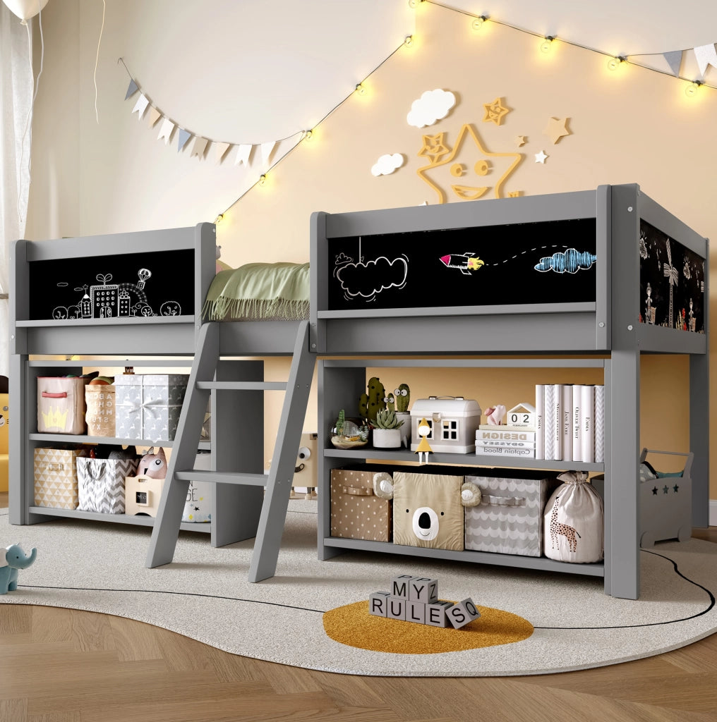 Letto semi-alto 90x200 cm con scaffali, lavagna, scala e sponde grigio
