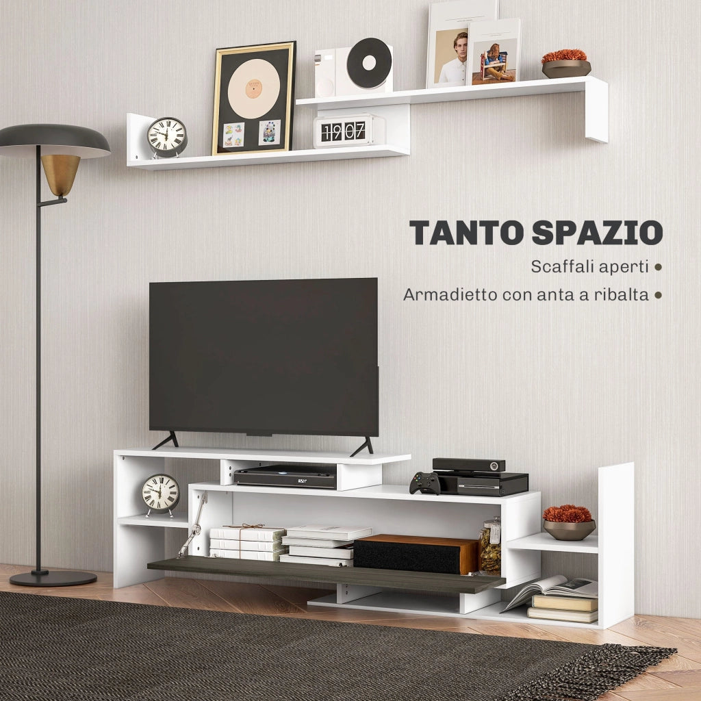 Mobile TV Ripiani e Armadietto a Ribalta con Mensola a Muro 153,6x25x42 cm Bianco e Nero