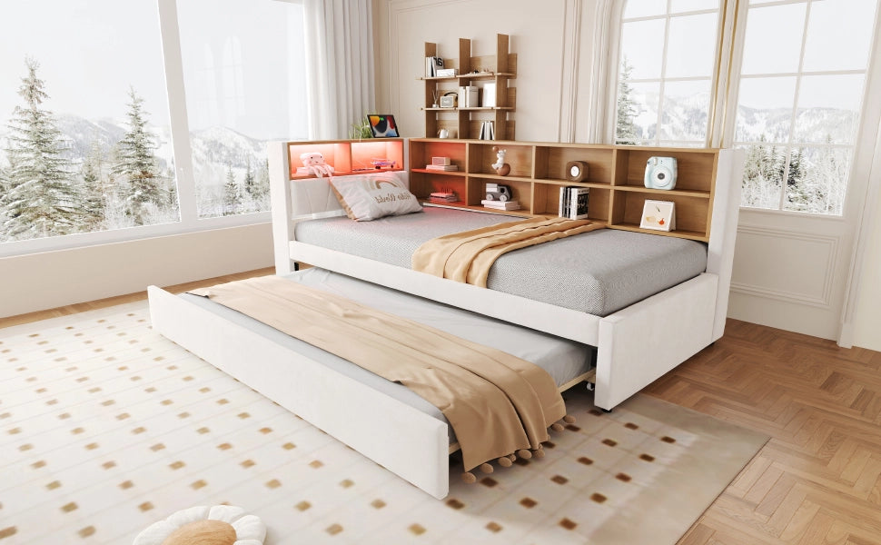 DESMIU Letto estraibile 90 × 200 cm e 90 × 190 cm 2 posti con LED, USB, Type-C e vani, senza materasso, beige