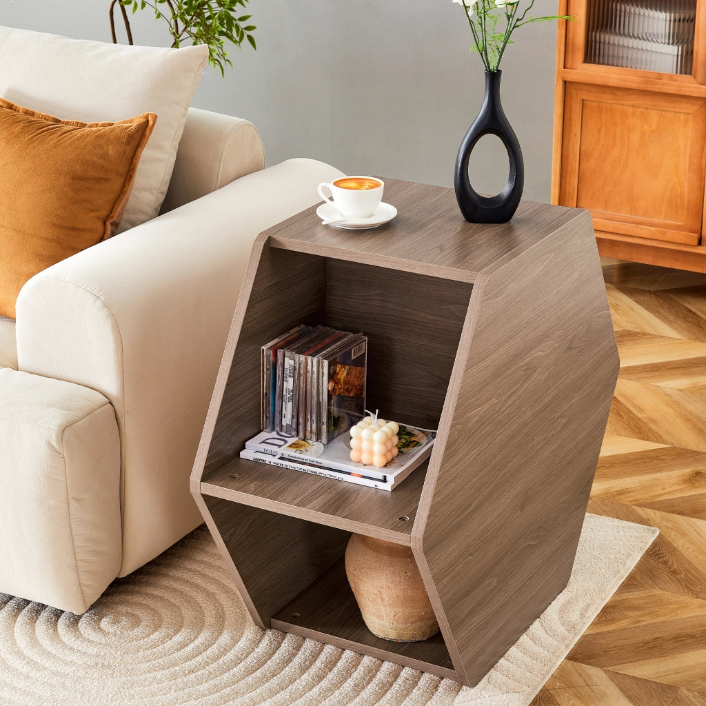Tavolino da caffè esagonale con montaggio rapido - per soggiorno - 79x69.4x40 cm - in MDF - marrone