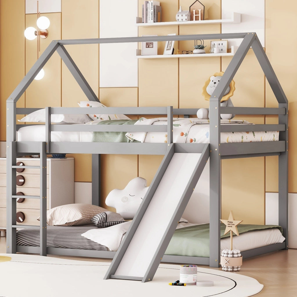 Letto a castello con scivolo in pino grigio 140x200 cm