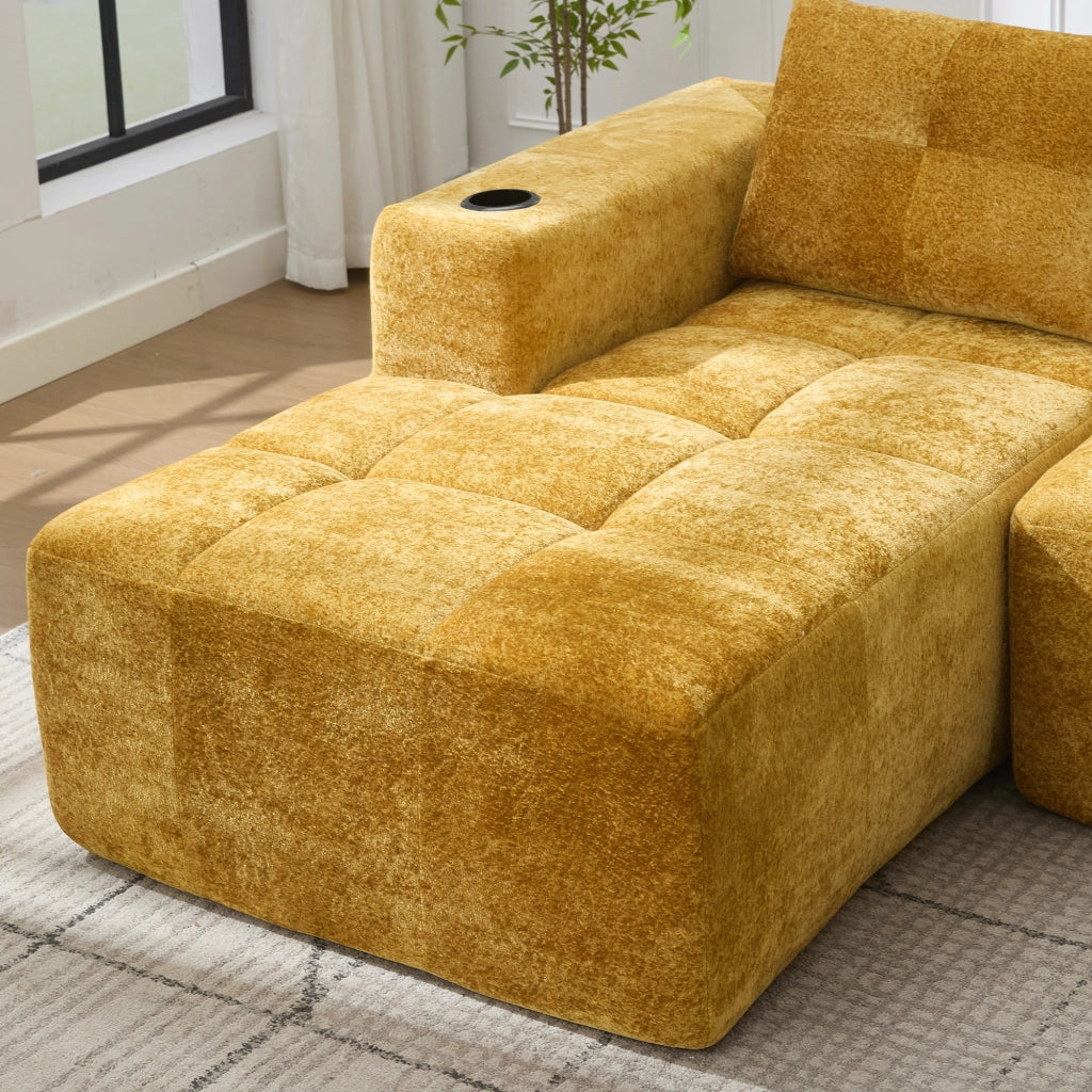Divano 258x163x68 cm con portabicchieri in cheniglia giallo
