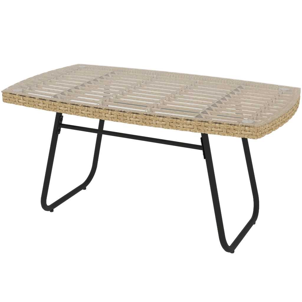 Tavolino da giardino in polirattan; 90 x 50 x 45 cm; tavolino laterale resistente ai raggi UV con piano in vetro; legno naturale
