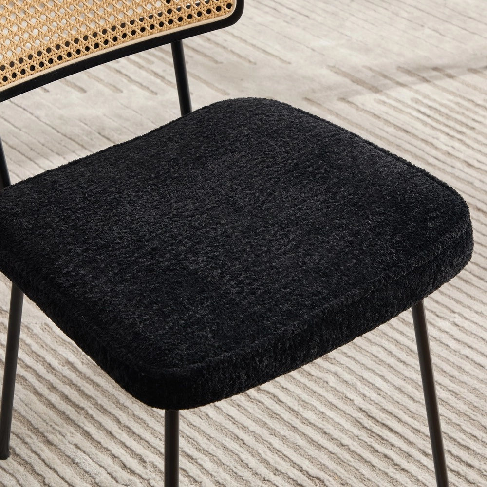 Sedie da Pranzo Set 2 Pezzi in Tessuto Chenille ¨C MINIMAL ¨C Gambe Metallo, Schienale Legno Massello, Effetto Rattan, Nero