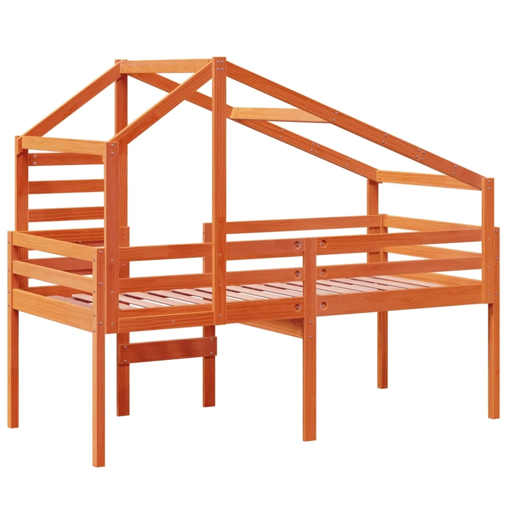 Letto a Soppalco con Tetto Cera 90x190cm Legno Massello di Pino