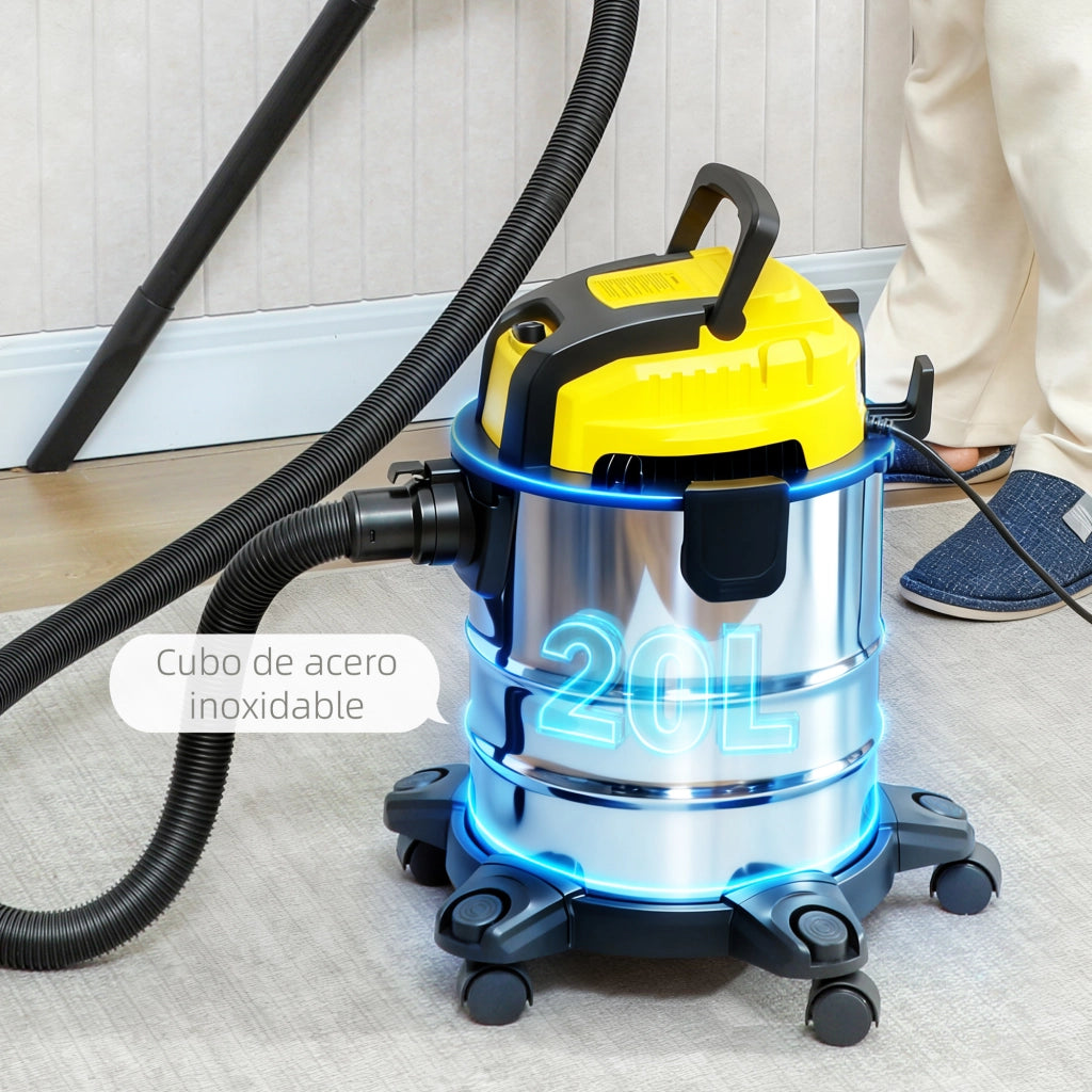 Aspirapolvere Solidi e Liquidi 3 in 1 1200W ¨C Xylo ¨C Funzione Soffiatore Tubo 2m Serbatoio Inox 20L Giallo