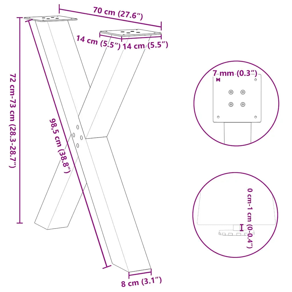 Gambe per tavolo da pranzo a forma di X 2 pz in acciaio naturale 70x(72-73) cm 4012979