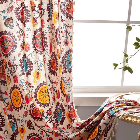 Tessuto con Spilli 1 Pannello 145x220cm – Fiori Bohemien – Tela Semi-Opaca di Lino – Borse di Cuoio – Soggiorno Camera da Letto Cucina