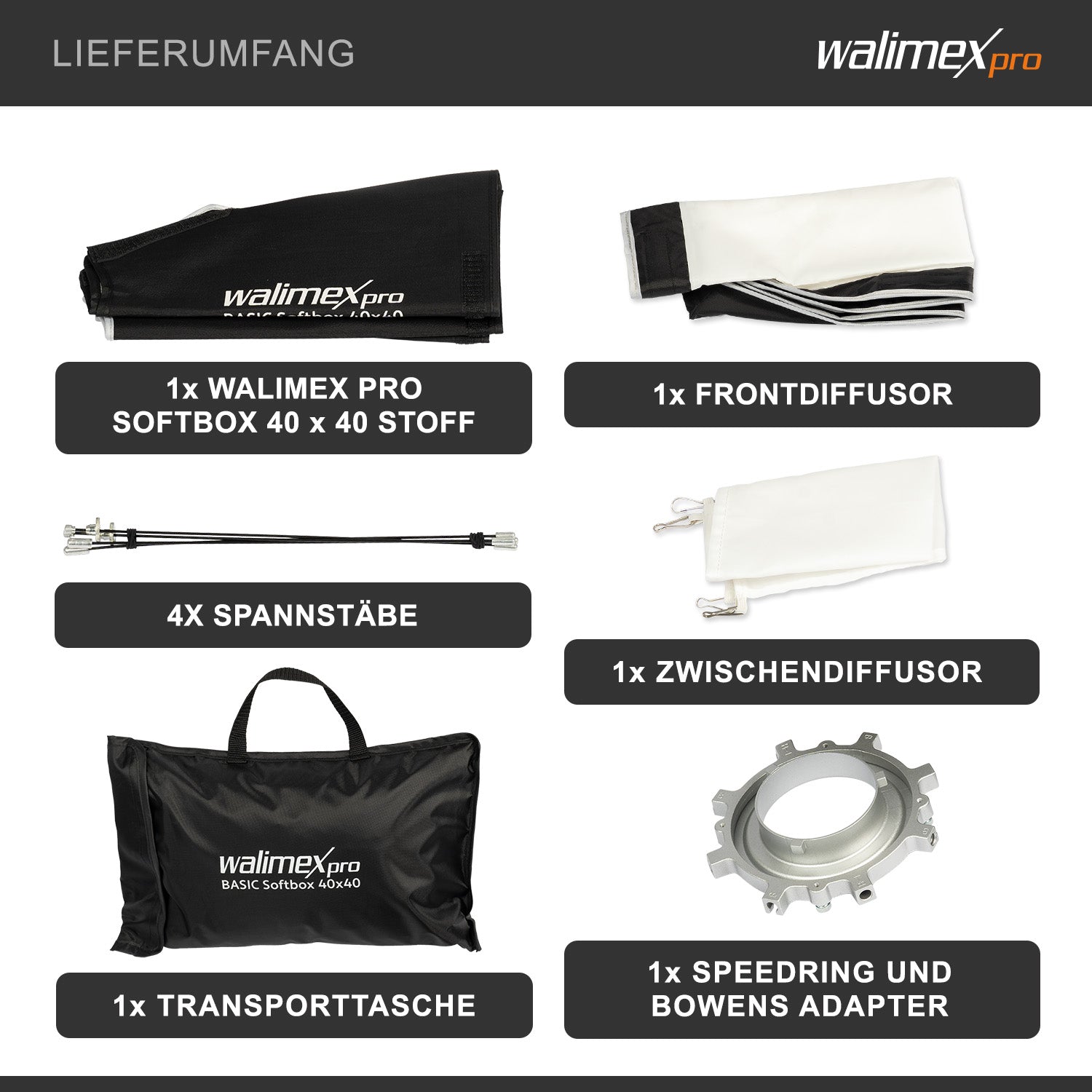 Softbox 40x40cm, ruotabile a 360°, incluso diffusore frontale e intermedio, borsa per il trasporto, adattatore Bowens, ideale per la fotografia di prodotti e persone