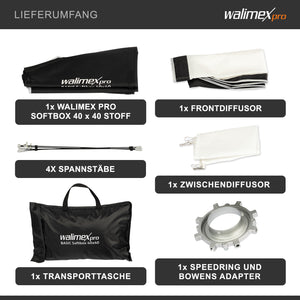 Softbox 40x40cm, ruotabile a 360°, incluso diffusore frontale e intermedio, borsa per il trasporto, adattatore Bowens, ideale per la fotografia di prodotti e persone