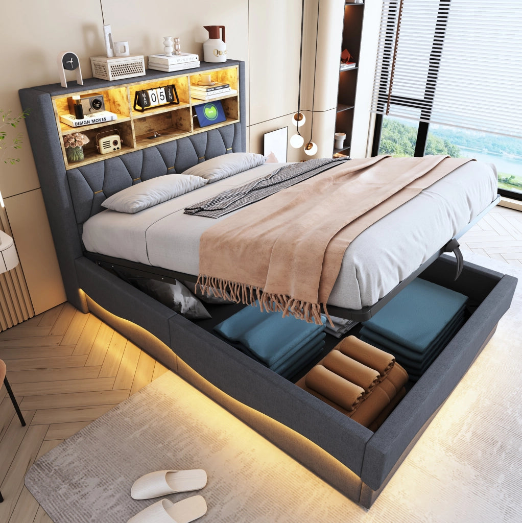 Letto imbottito 140x200 cm con LED, USB e vano contenitore