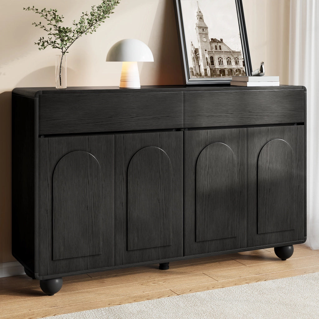 Credenza e madia con 2 cassetti, 4 ante e ripiani regolabili, in MDF e PB, per soggiorno, nero, 140 × 38 × 89 cm